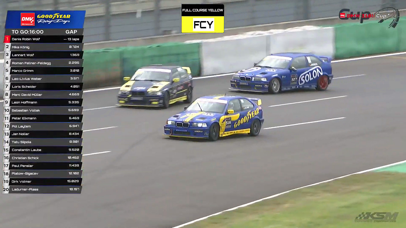 20-jähriger Rookie Rennfahrer Denis Robin Wolf auf dem Lausitzring an seinem dritten Rennwochenende - kurz vor dem Ende des 2. Rennens in seinem BMW 318ti Cup Rennwagen auf der 1. Position fahrend