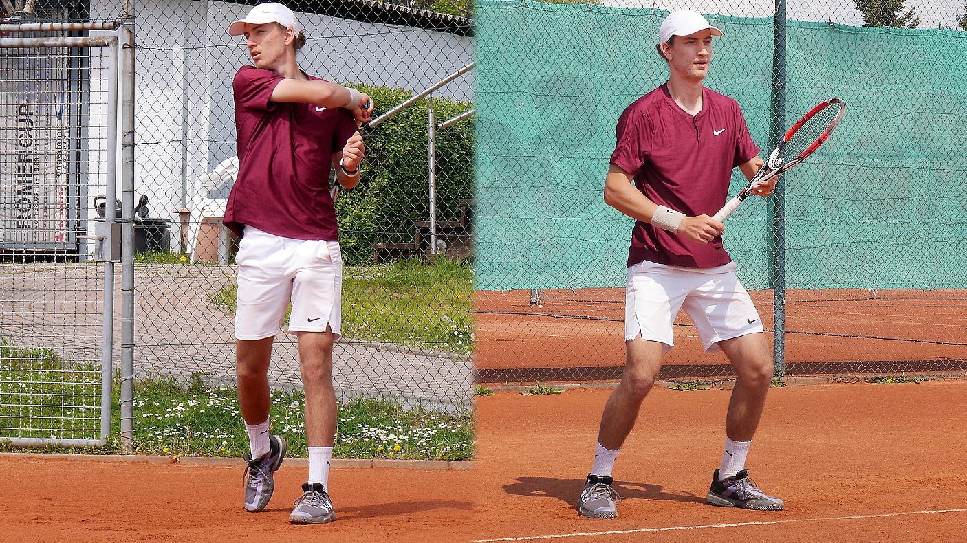 Bild mit 2 mal 18-jährigem Tennisspieler Denis Robin Wolf: links nach einem Vorhandschlag dem Ball nachschauend, rechts in Vorbereitung und den ankommenden Ball fixierend